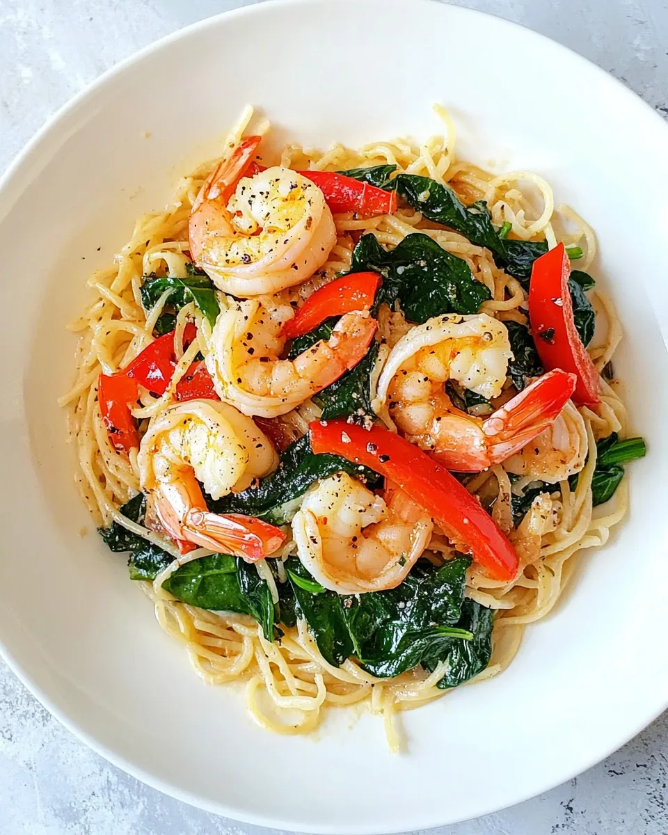 Homemade Shrimp Scampi with Peppers and Spinach photo