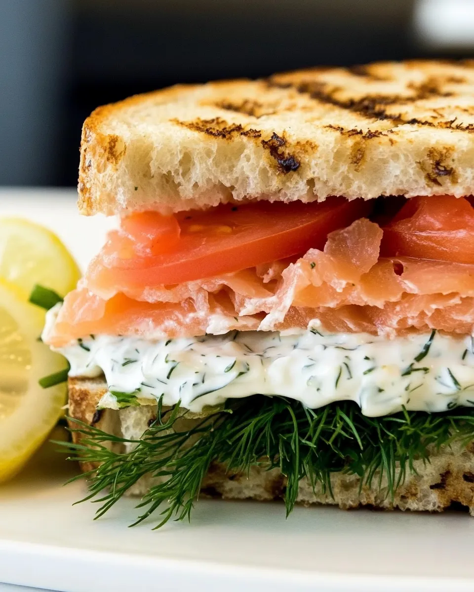Homemade Smoked Salmon Panini Sandwich with Lemon Dill Mayonnaise photo