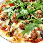 Homemade Spicy Sausage, Sun Dried Tomato, and Arugula Pizza photo