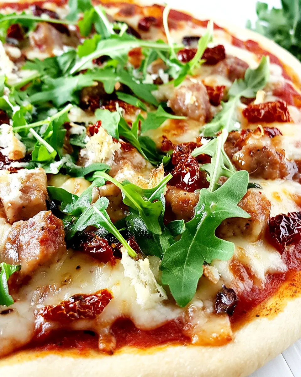 Classic Spicy Sausage, Sun Dried Tomato, and Arugula Pizza image