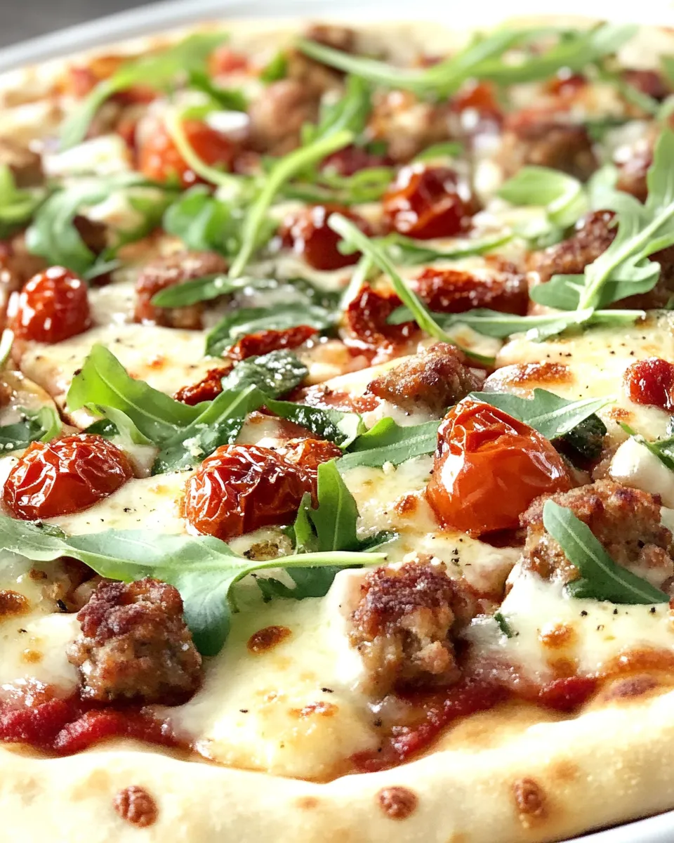 Delicious Spicy Sausage, Sun Dried Tomato, and Arugula Pizza shot