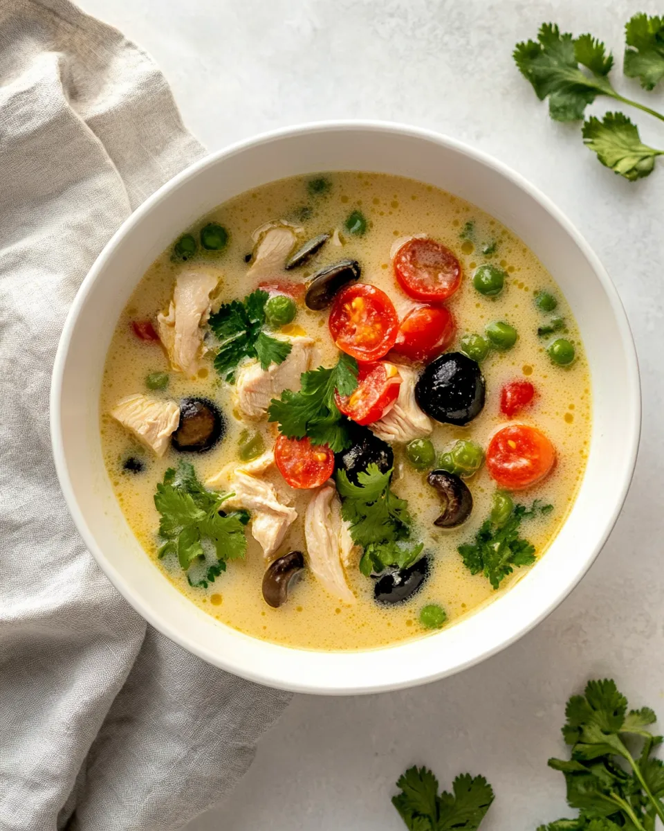 Delicious Thai Coconut Chicken Soup (Tom Kha Gai) shot