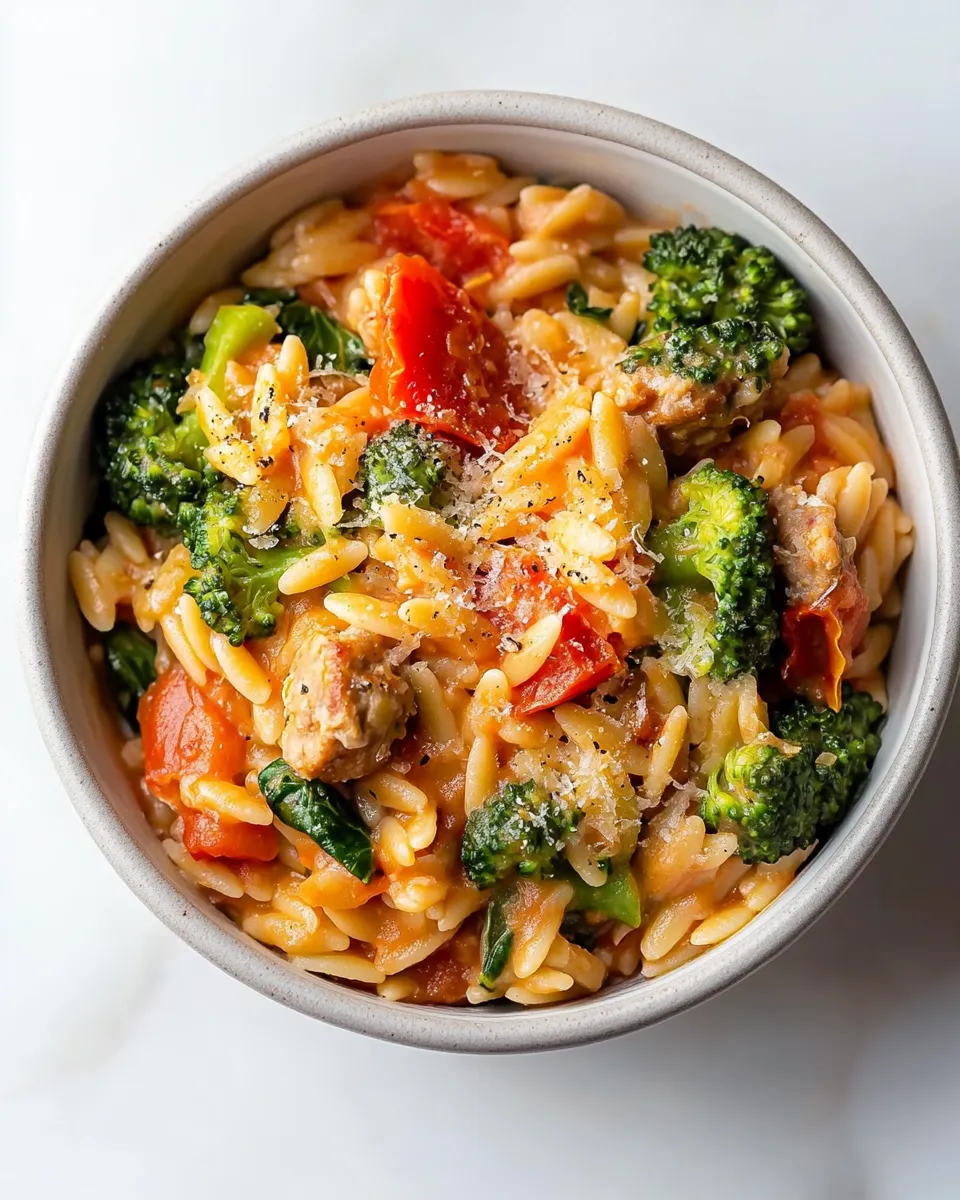 Homemade Tomato Orzo with Chicken Sausage and Broccoli recipe photo