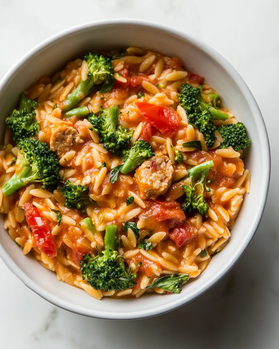 Easy Tomato Orzo with Chicken Sausage and Broccoli dish photo