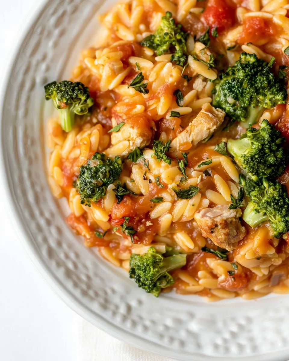 Delicious Tomato Orzo with Chicken Sausage and Broccoli food shot