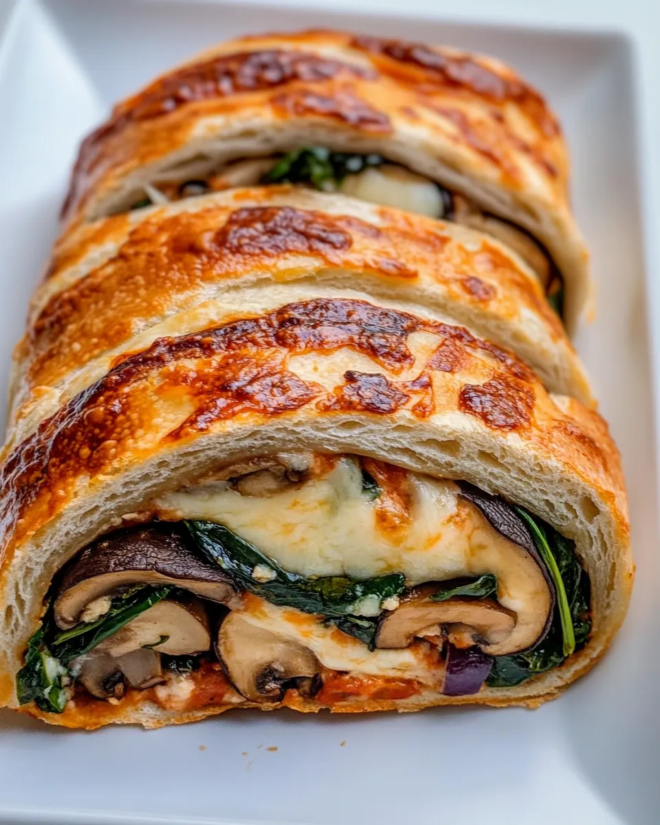 Delicious Veggie Stromboli with Mushroom, Spinach and Mozzarella shot